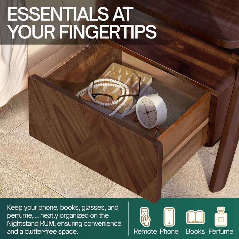 Rorns Rum Nightstand with Drawer for Stylish Bedroom Storage