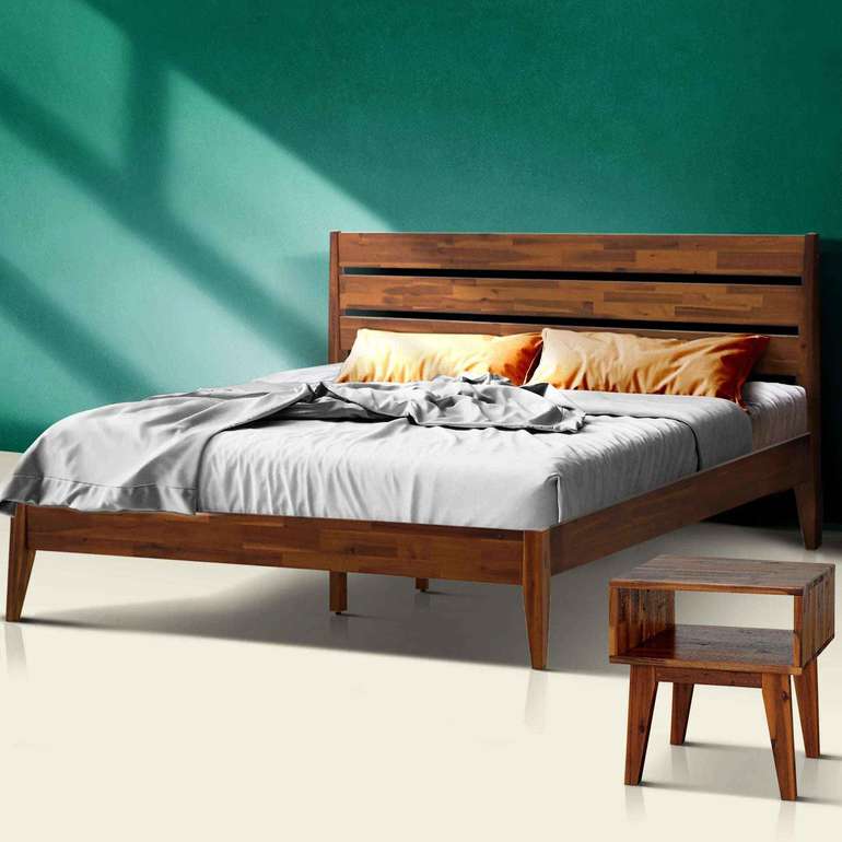 Emery Bed Frame & Nightstand Set - Acacia Solid Wood Bedroom Furniture