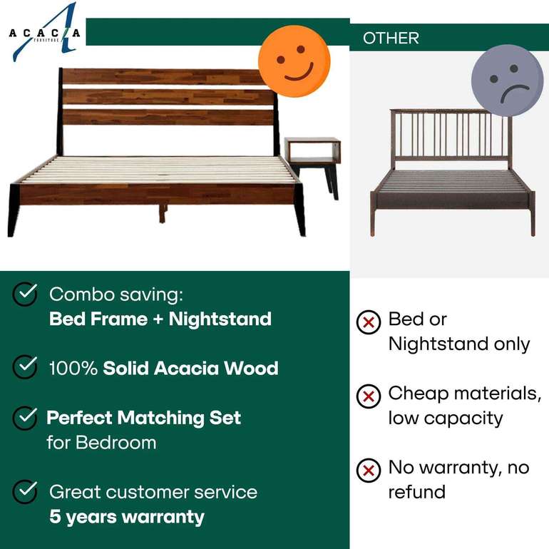 Emery Bed Frame & Nightstand Set - Acacia Solid Wood Bedroom Furniture