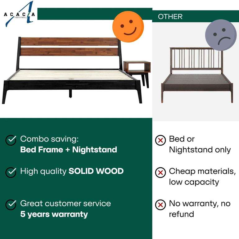 Acacia Callisto Solid Wood Bed Frame and Nightstand Set for a Stylish Bedroom