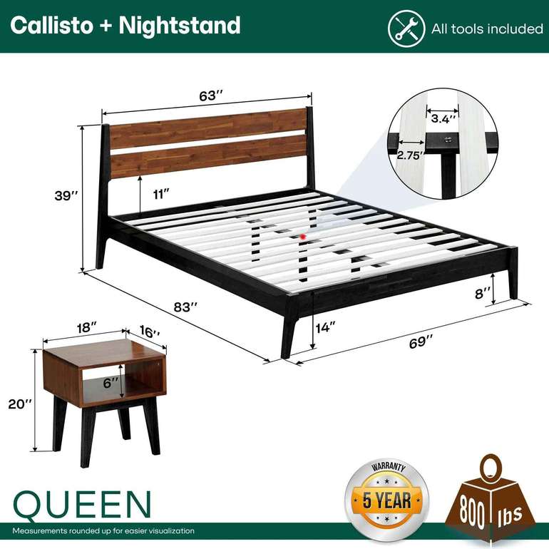 Acacia Callisto Solid Wood Bed Frame and Nightstand Set for a Stylish Bedroom