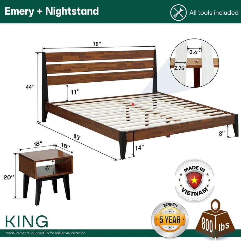 Emery Bed Frame & Nightstand Set - Acacia Solid Wood Bedroom Furniture