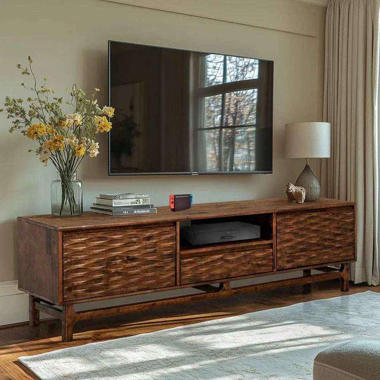 Acacia Elara Solid Wood TV Stand with Storage and Cable Management for TVs up to 80"