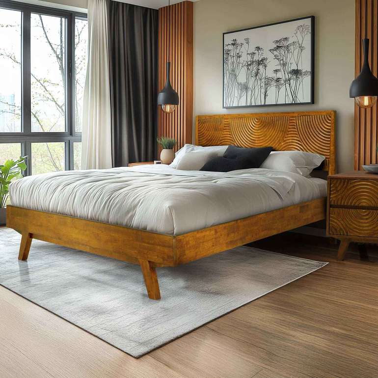 Acacia Harmony Solid Wood Platform Bed Frame with Headboard