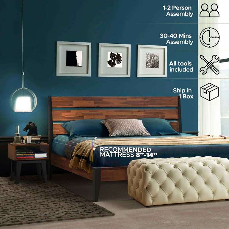 Emery Bed Frame & Nightstand Set - Acacia Solid Wood Bedroom Furniture